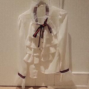 Elegant White Ruffled Blouse with Ribbon Detail